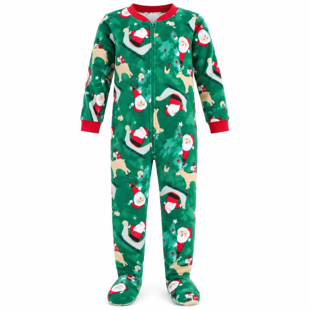 Carter's Kids Santa Reindeer Christmas Fleece Footed Pajamas Size 10 Green